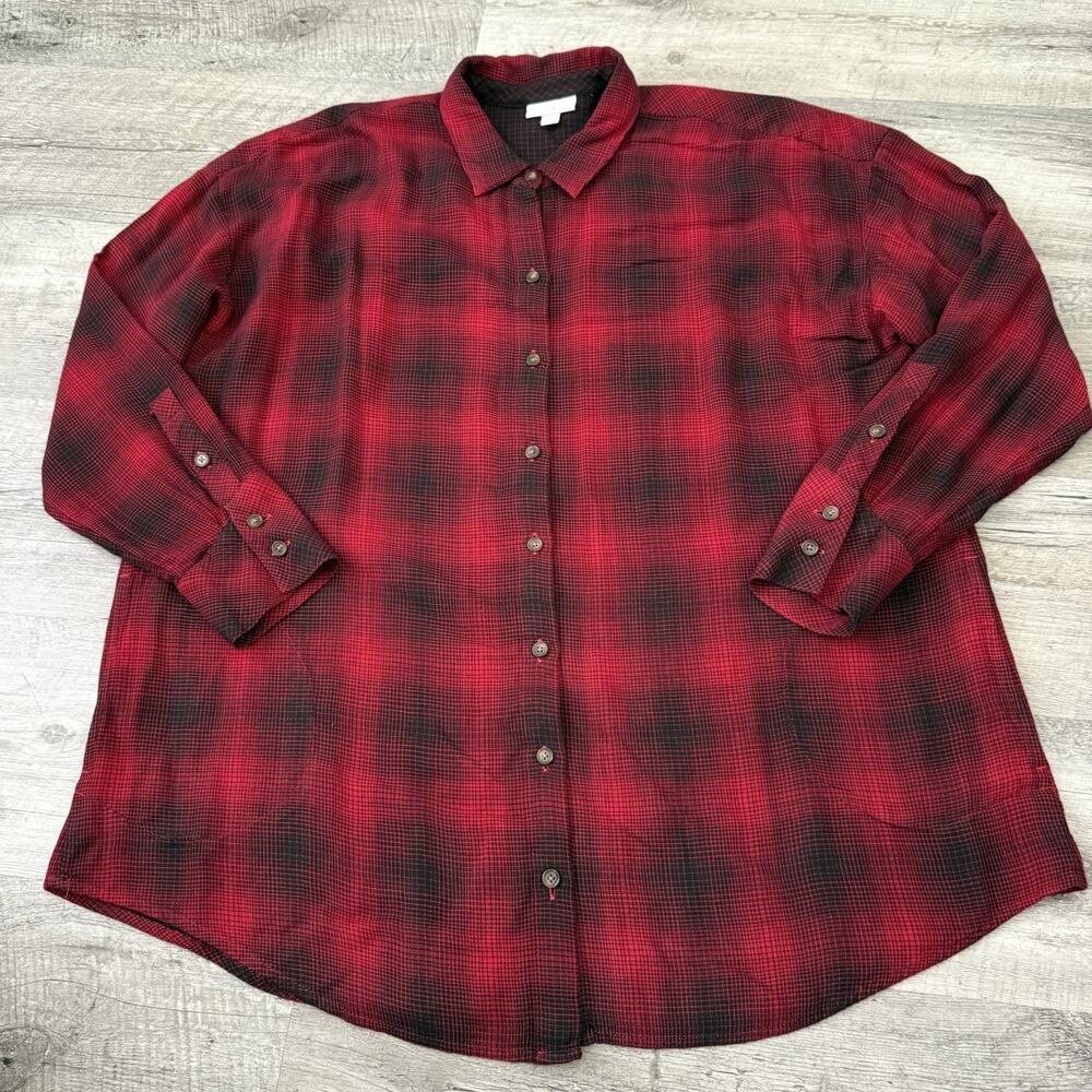 J Jill Button Up Shirt Womens Large Red Plaid Long Sleeve Relaxed Tunic Pockets